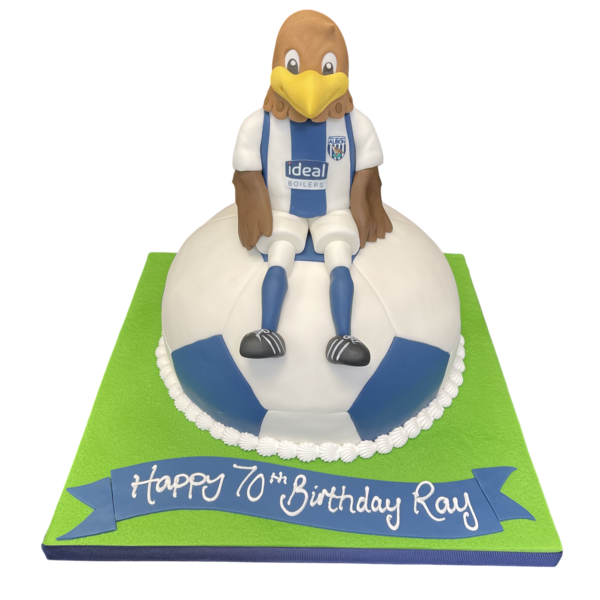 Beautifully decorated football-themed celebration cake with Baggie Bird mascot of West Bromwich Albion FC, perfect for sports fans and special occasions.