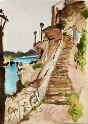 Kastellorizo coastal path, watercolour by Artist Vivienne Lewin