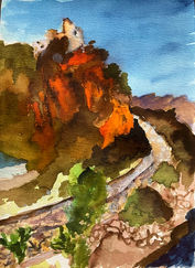 Kastellorizo Coastal path at night, watercolour by Artist Vivienne Lewin