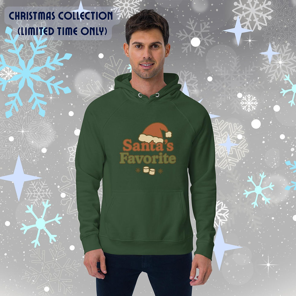 Santa’s Favorite design printed on a soft unisex eco raglan hoodie with organic cotton and brushed lining.