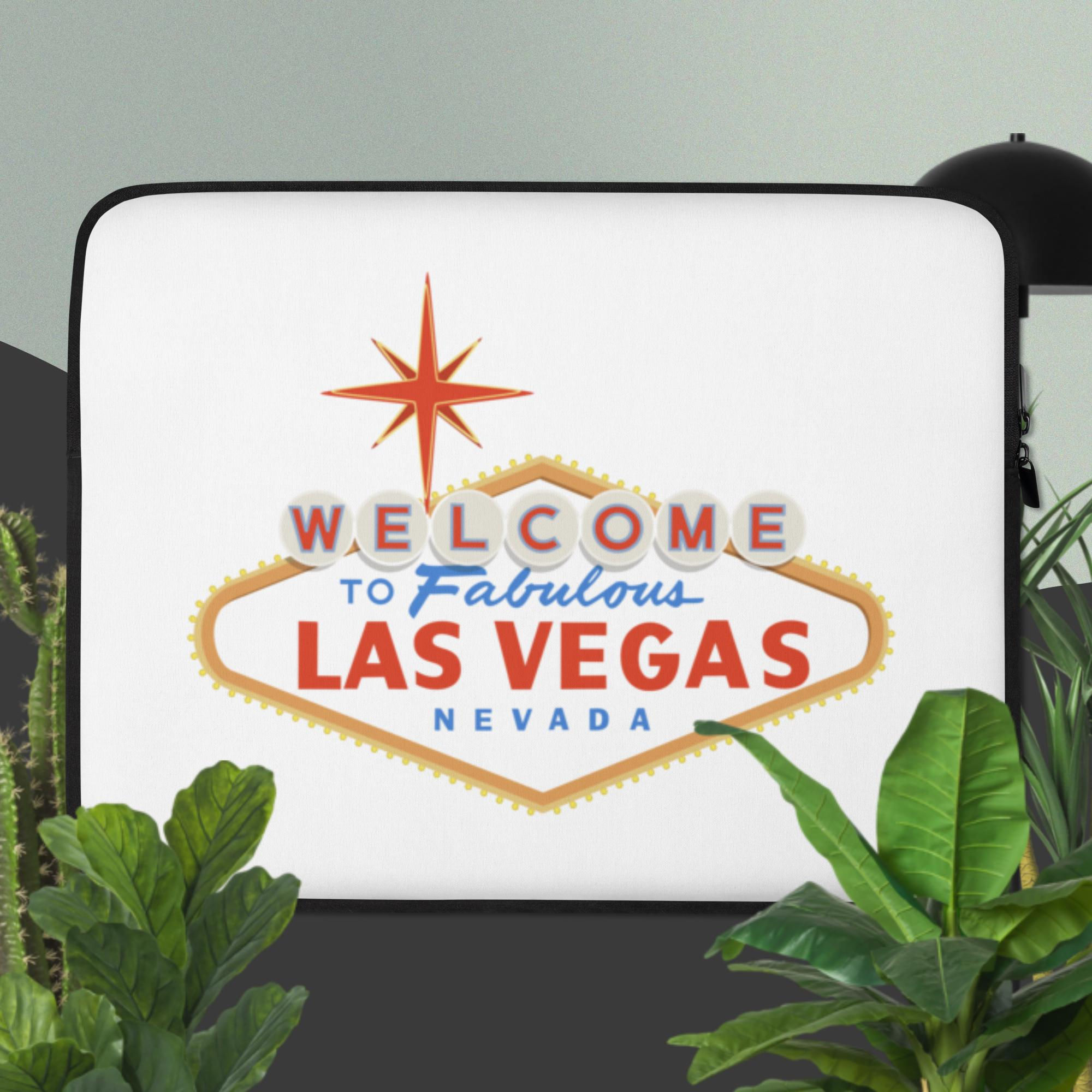 Vegas-themed laptop sleeve featuring 'Welcome to Las Vegas' text and iconic design.