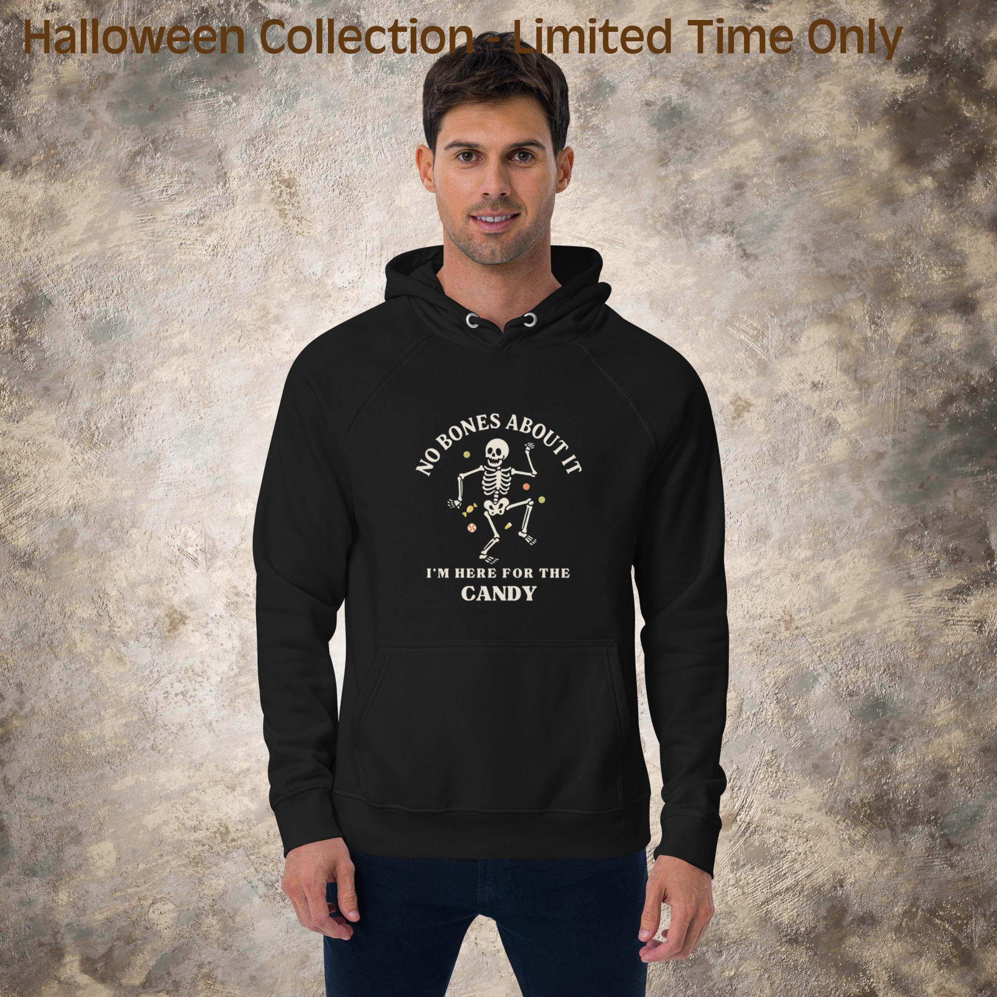 No Bones About It..Here For Candy Unisex Eco Raglan Hoodie | Halloween Comfort