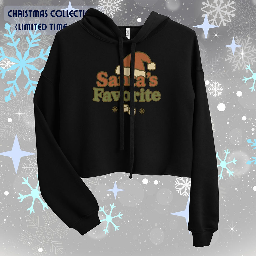 Santa’s Favorite graphic printed on a trendy cropped women’s hoodie with raw hem.