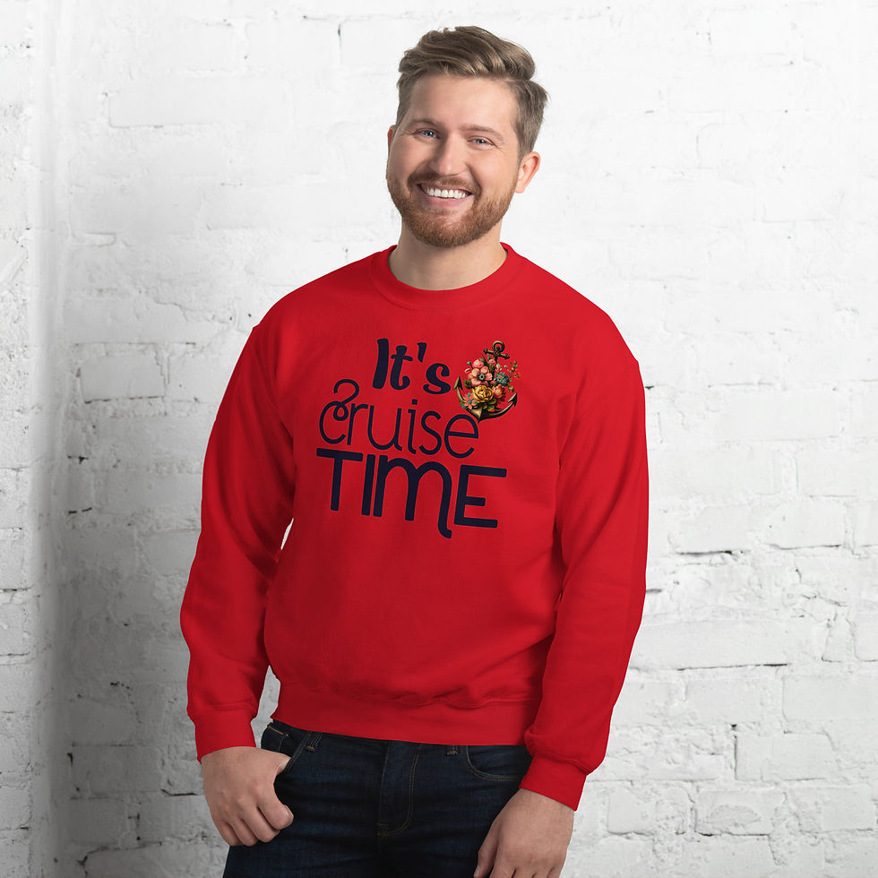 A unisex crew sweatshirt with a floral anchor and the text "It's Cruise Time," blending nautical and floral elements.