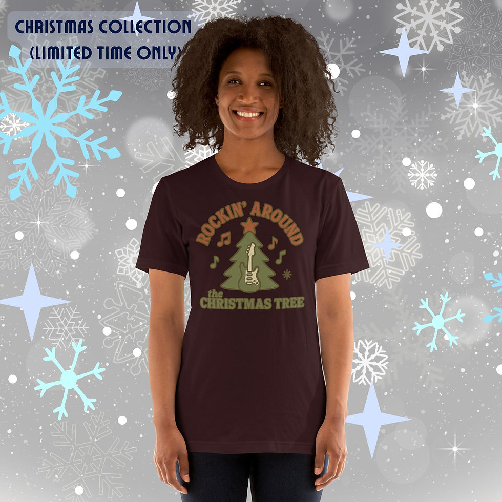 Rockin’ Around the Christmas Tree graphic on a soft, lightweight unisex Christmas t-shirt.
