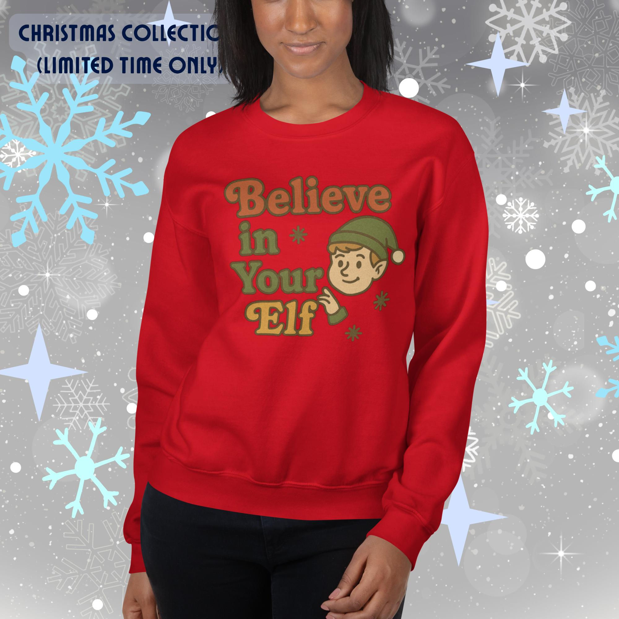 Red, Unisex crewneck sweatshirt featuring the Believe In Your Elf Christmas graphic in fun holiday colors.