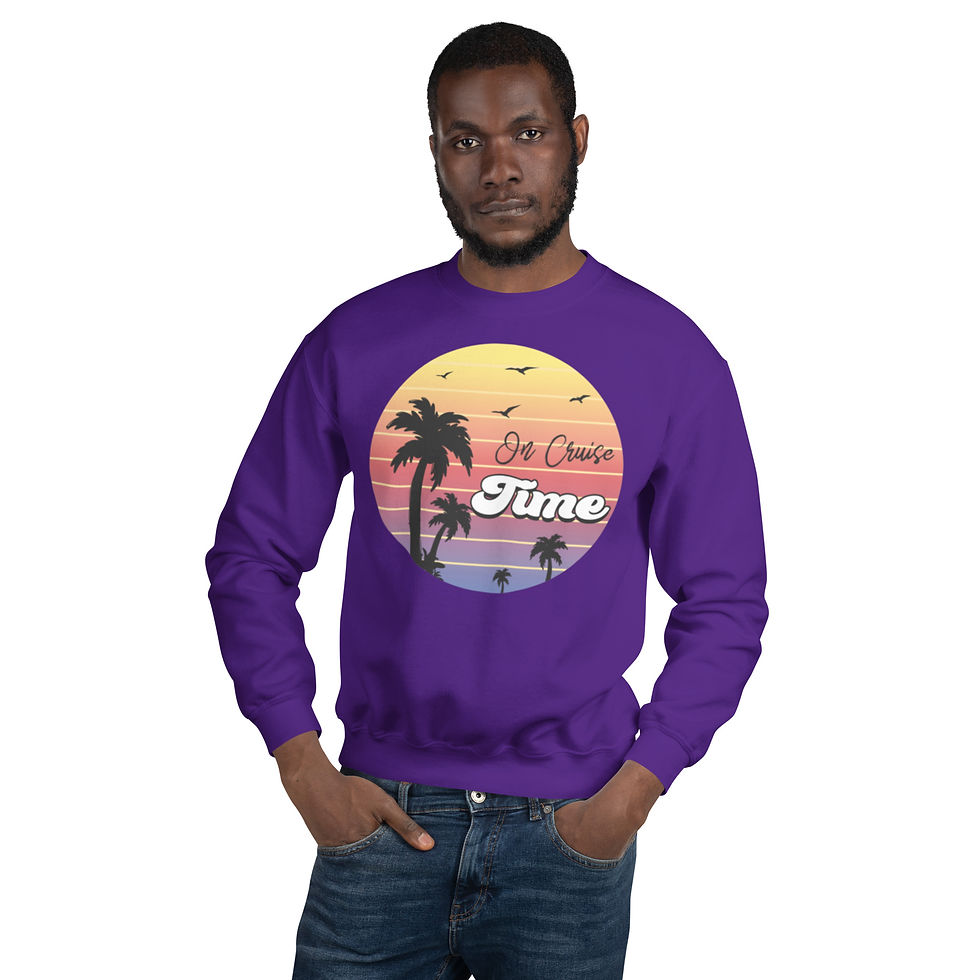Thumbnail: A unisex sweatshirt featuring "On Cruise Time" text with a relaxed nautical motif.