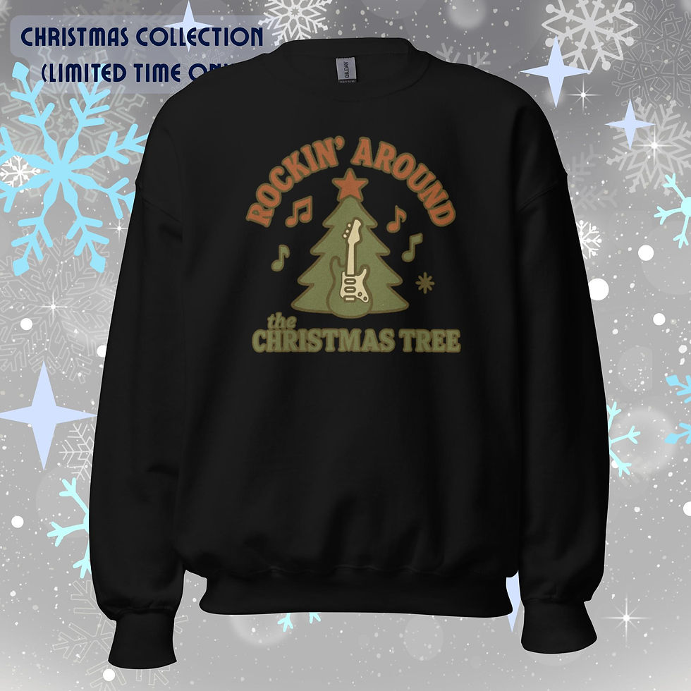 Rockin’ Around the Christmas Tree printed on a cozy unisex Christmas crew neck sweatshirt.