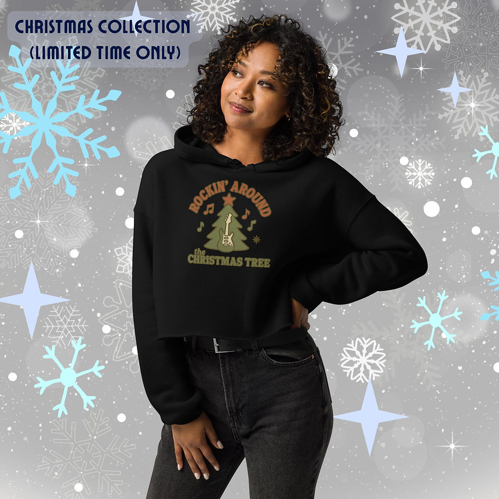 Rockin’ Around the Christmas Tree graphic printed on a trendy cropped women’s hoodie with raw hem.