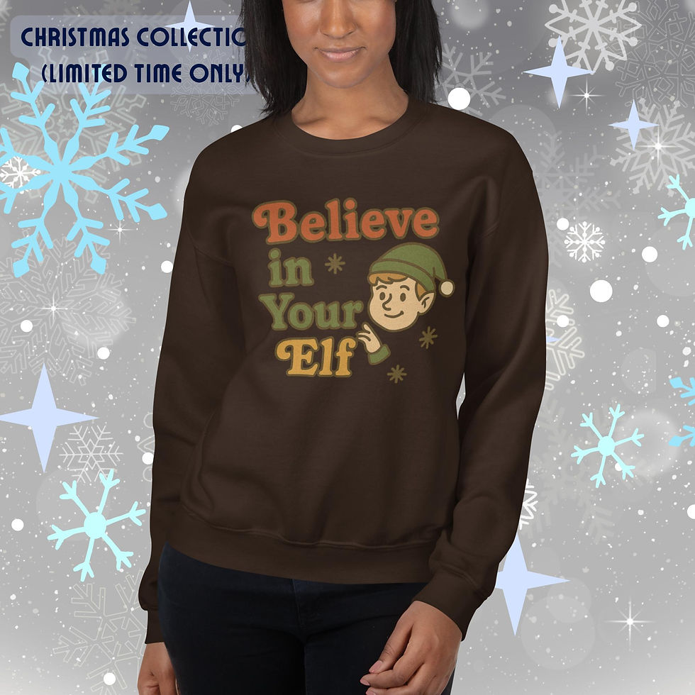 Thumbnail: Unisex crewneck sweatshirt featuring the Believe In Your Elf Christmas graphic in fun holiday colors.