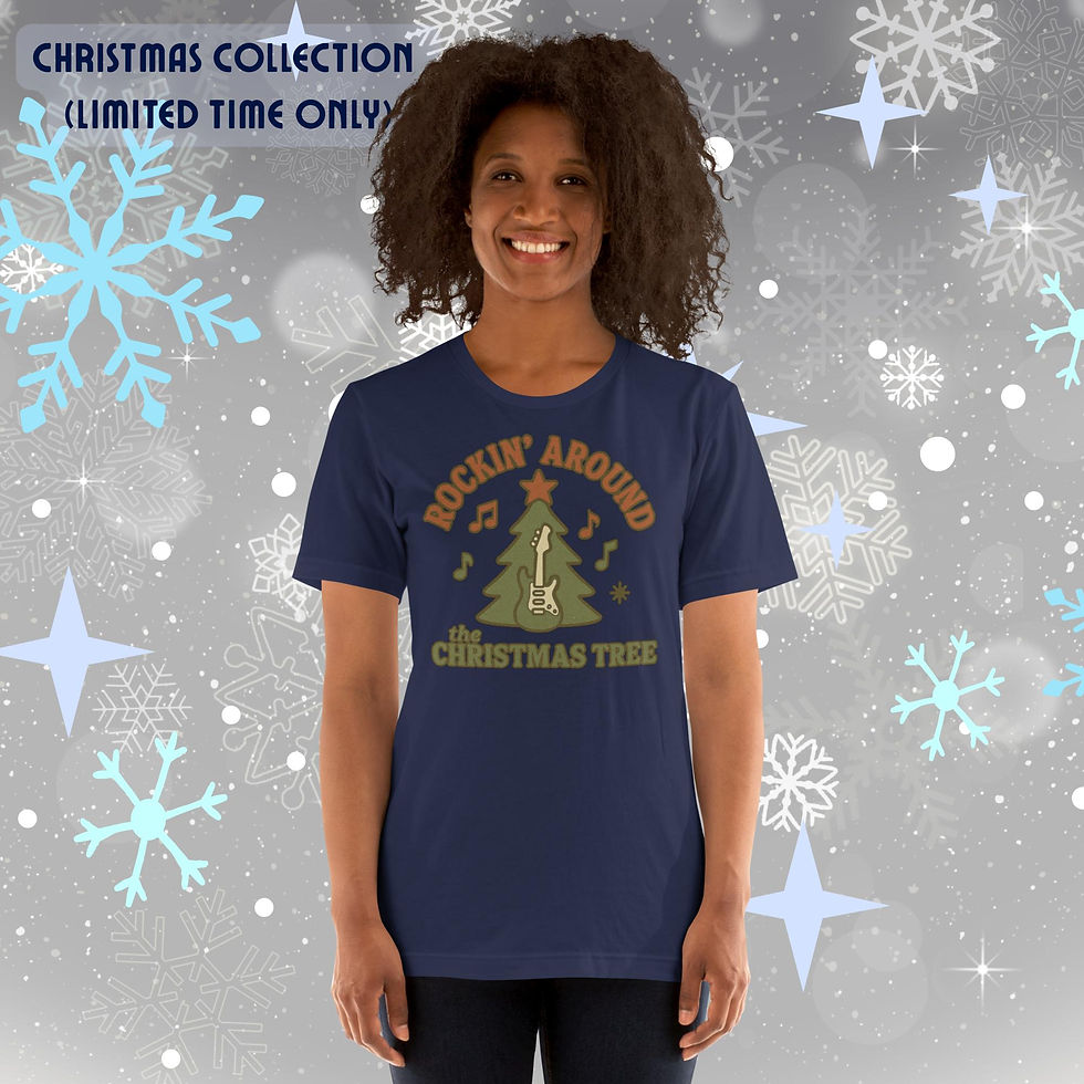Rockin’ Around the Christmas Tree graphic on a soft, lightweight unisex Christmas t-shirt.