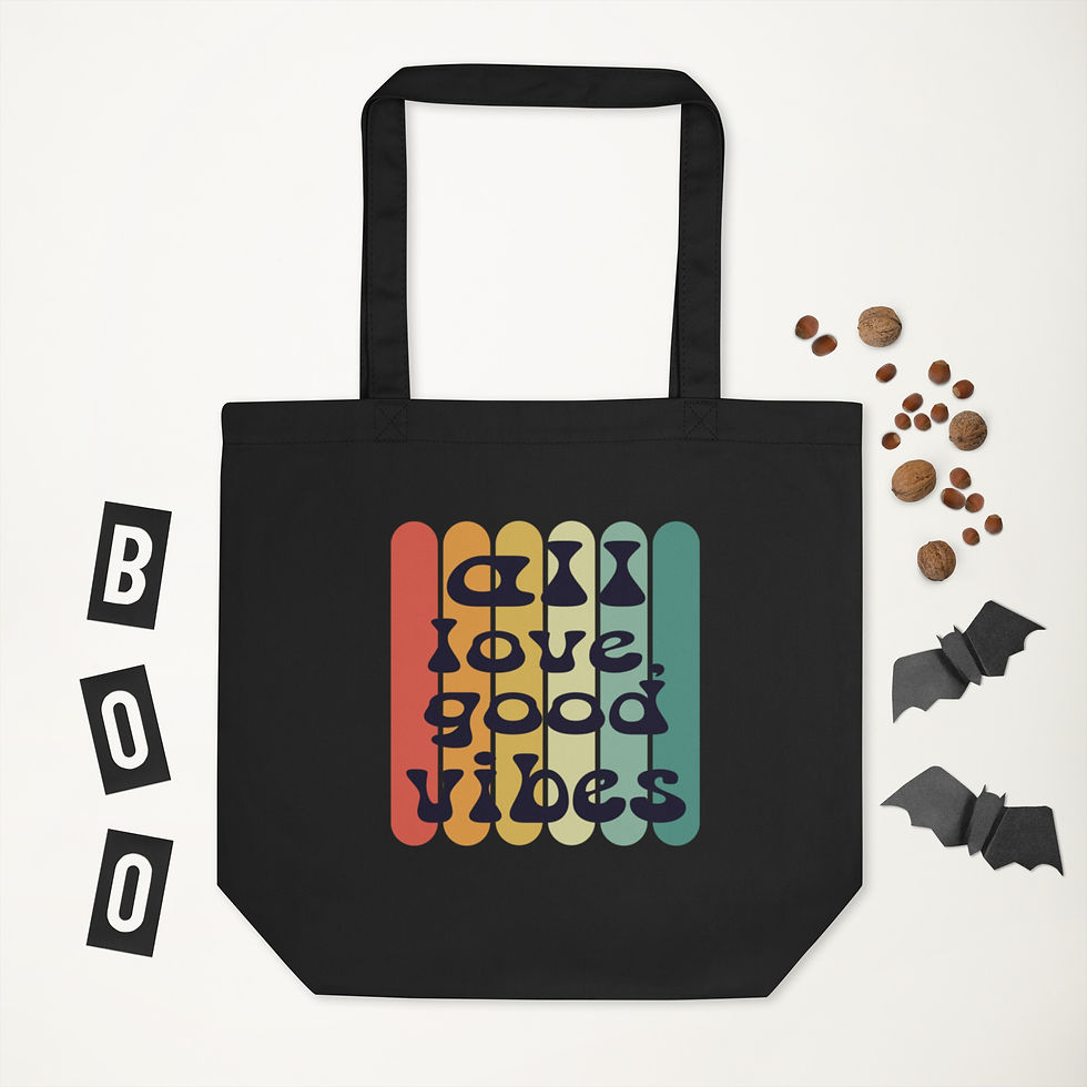 A stylish eco tote bag featuring the text "All Love Good Vibes" with a vertical striped background in bold colors.