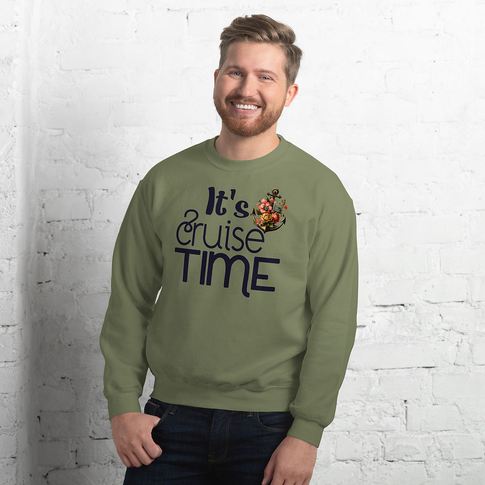 A unisex crew sweatshirt with a floral anchor and the text "It's Cruise Time," blending nautical and floral elements.