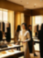 A high-end retail store with a female private investigator blending in as a shopper while conducting mystery shopping services. The background is sleek, with golden-hued lighting casting a subtle glow on price tags and display cases