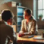 A female investigator sitting in a cozy office setting, talking empathetically with a client across the desk. 