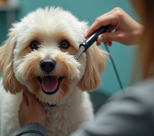 a curly fur dog being groomed on a table