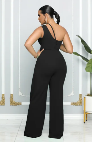 Thumbnail: Plus Women's Elegant One Shoulder Wide Leg Logo Jumpsuit