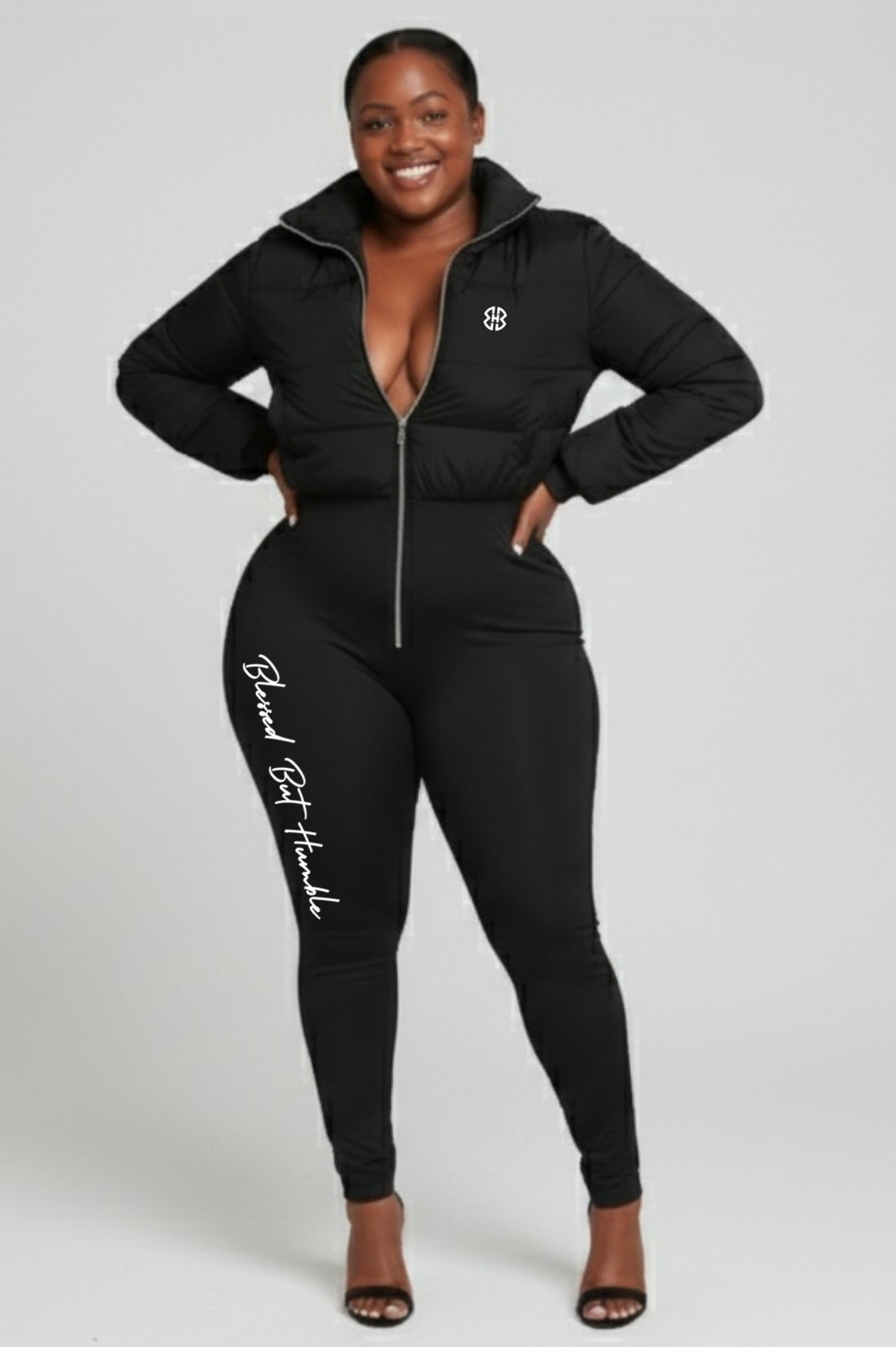 Plus Women's Blessed But Humble Puff Jacket Jumpsuit