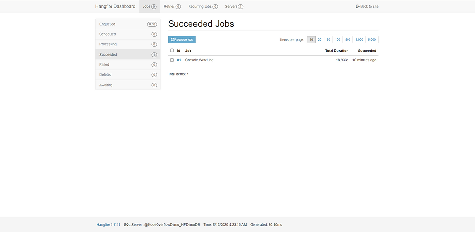 Succeed jobs list of Hangfire demo