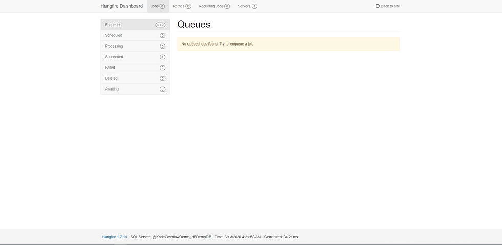 Job tab of hangfire dashboard UI