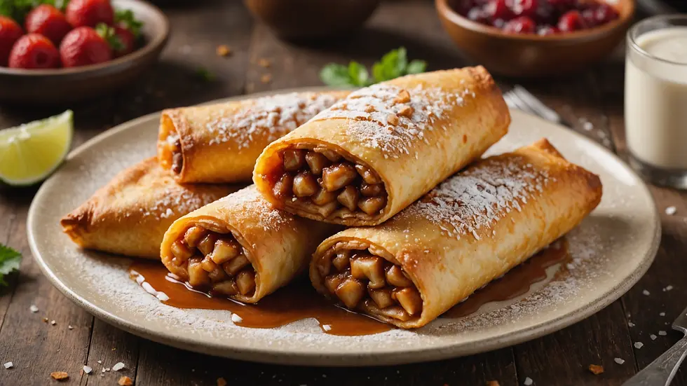 High angle view of a dessert chimichanga dusted with sugar