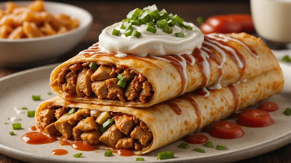 Close-up view of chipotle chicken chimichanga with a drizzle of crema