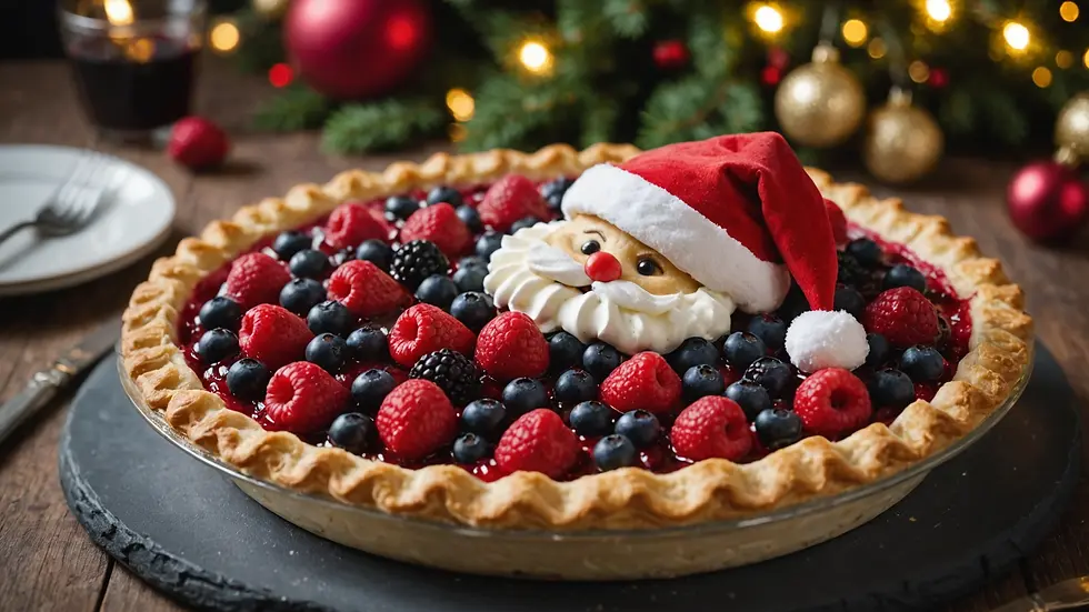 Close-up view of a mixed berry pie decorated with a pastry Santa hat