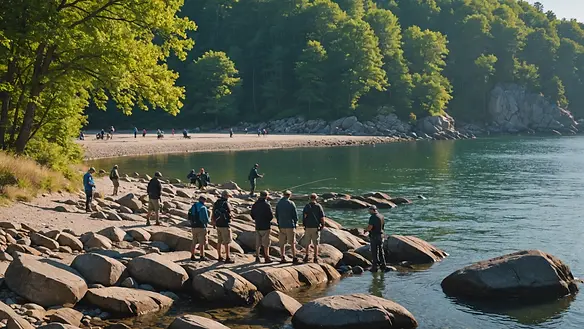 Eye-level view of anglers fishing at D.L. Bliss State Park's rocky shore