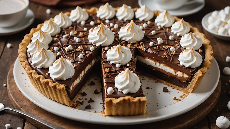 Eye-level view of a chocolate pie decorated with whipped cream and marshmallows