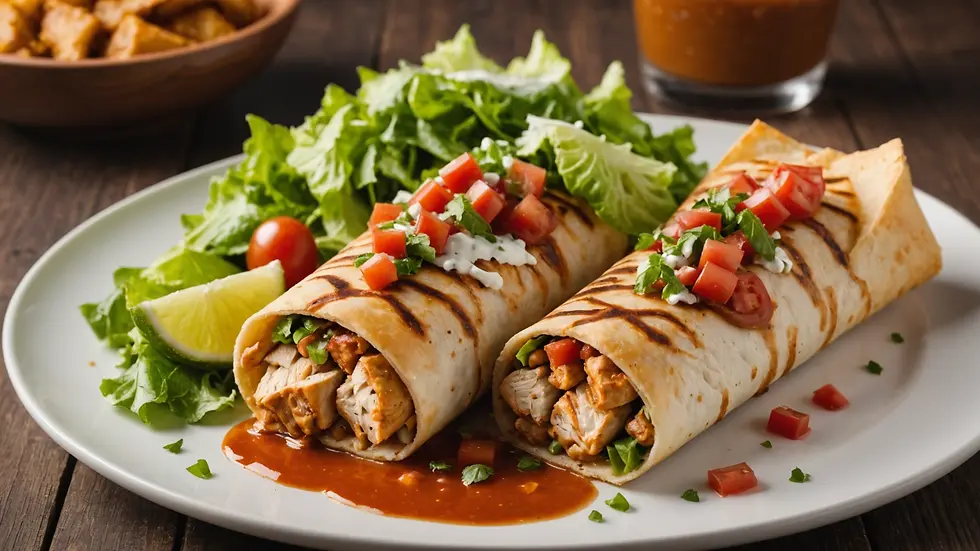 Wide angle view of a grilled chicken Caesar chimichanga plated
