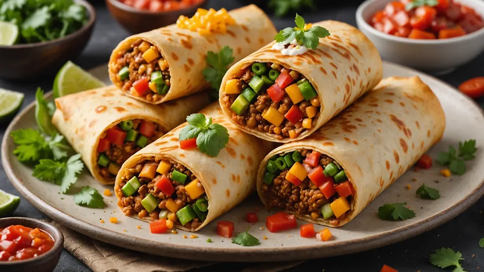 Close-up view of a spicy veggie chimichanga with colorful toppings
