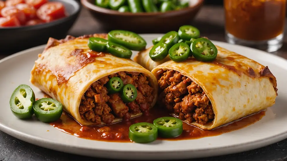 Close-up view of a chorizo chimichanga garnished with jalapenos