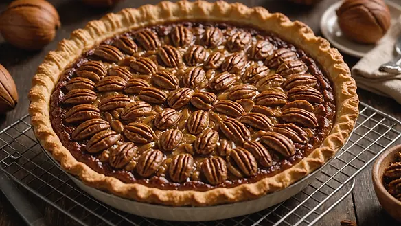 High angle view of pecan pie cooling on a wire rack
