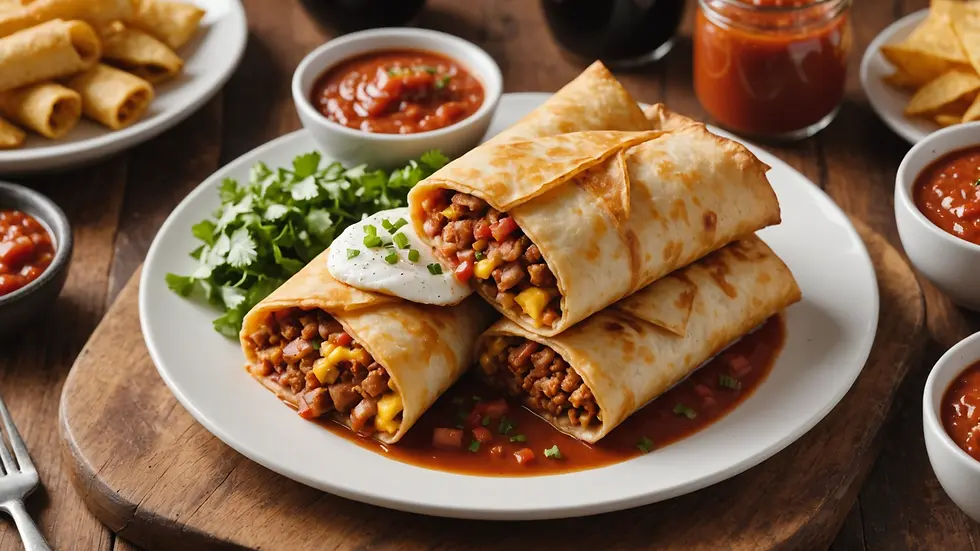High angle view of a bacon and egg chimichanga with a side of salsa