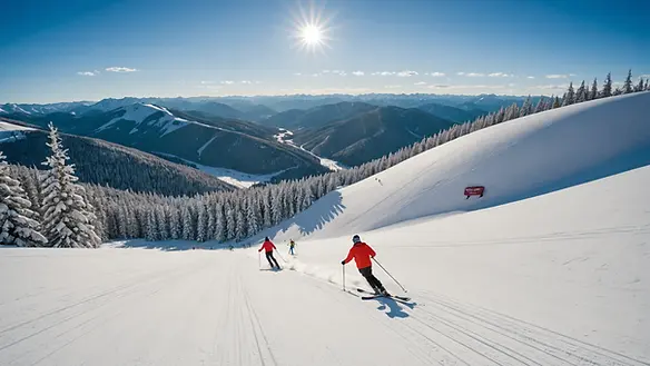 Wide angle view of skiers descending slopes at Great Divide Ski Area