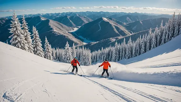 Eye-level view of skiers enjoying fresh powder at Lost Trail Powder Mountain