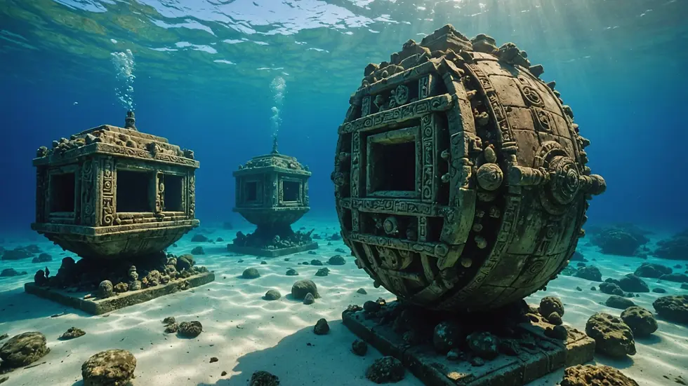 Wide angle view of ancient artifacts submerged in vibrant ocean waters