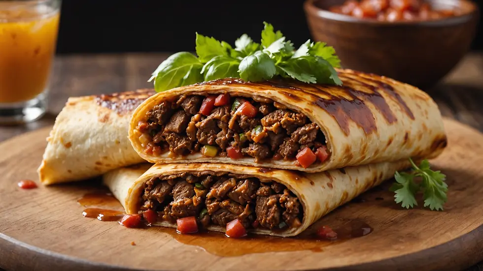 Close-up view of BBQ brisket chimichanga on a wooden board