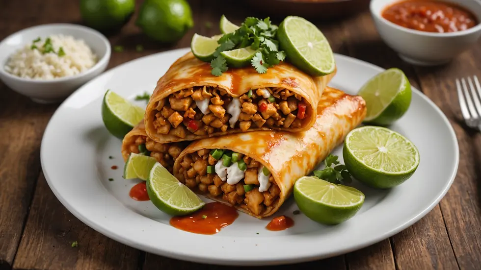 Eye-level view of a spicy fish chimichanga with lime wedges