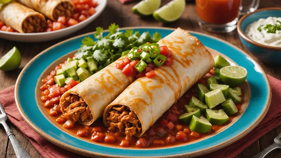Close-up view of BBQ chicken chimichanga on a colorful plate