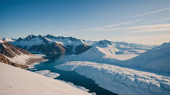 Wide angle view of Qeqertarsuaq's snowy mountains and glacier