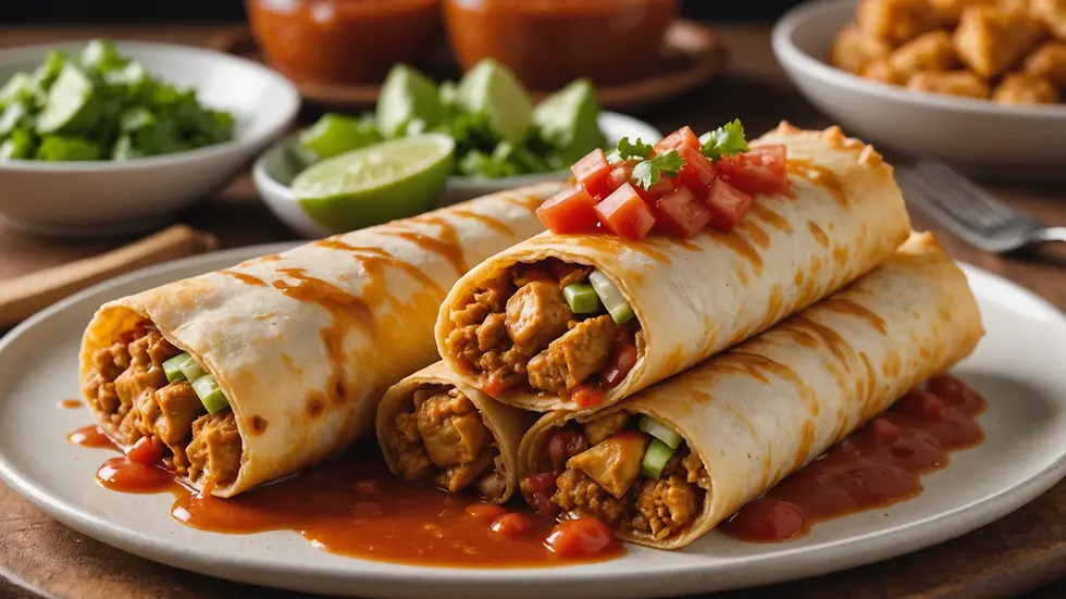 Eye-level view of a crispy chicken chimichanga on a plate