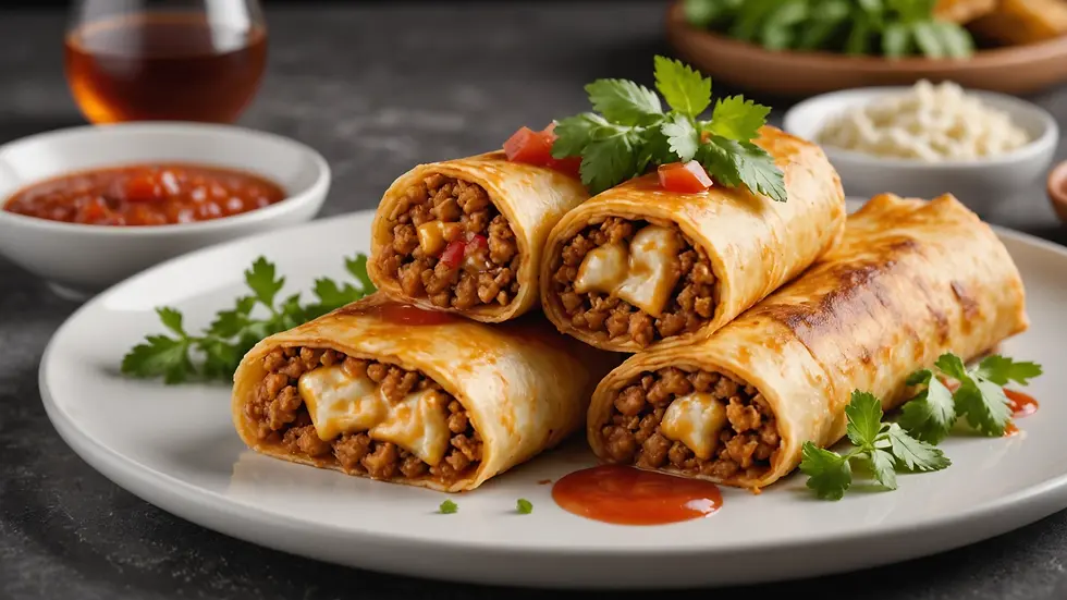 Eye-level view of a crispy cheese chimichanga on a white plate