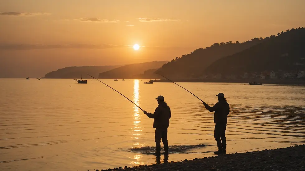 A beautiful view of a fisherman casting in the golden sunset near the coast