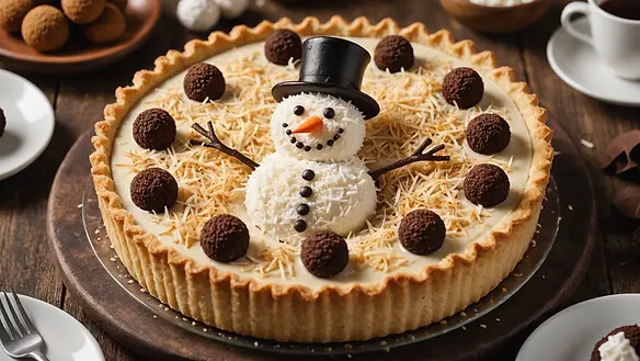 High angle view of a coconut snowman pie adorned with truffles