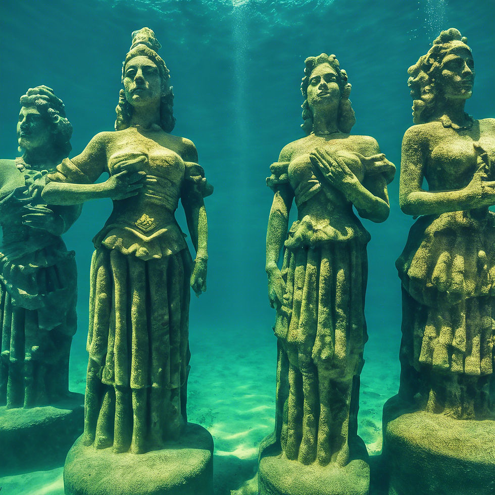 Wide angle view of a submerged sculpture installation at MUSA