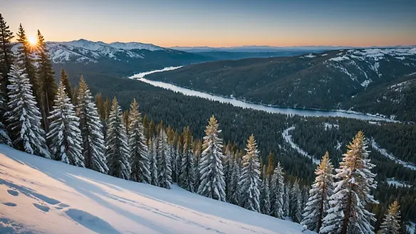 High angle view of Tahoe Donner slopes surrounded by snowy pines