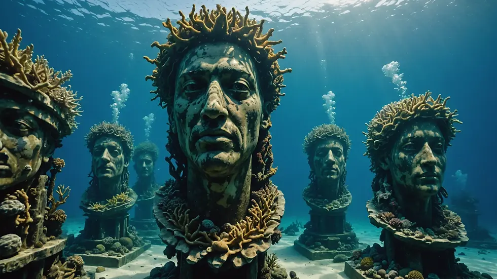 Wide angle view of modern submerged sculptures under the Atlantic Ocean