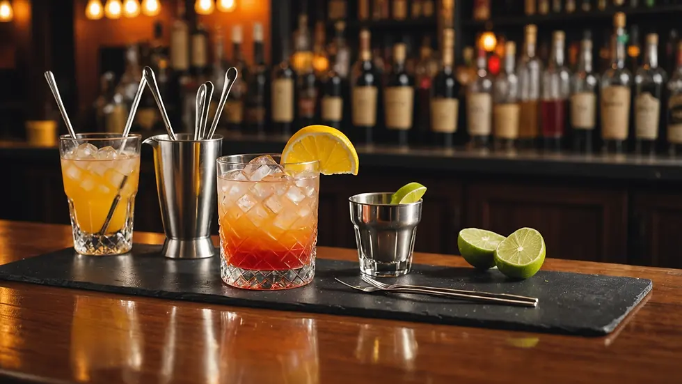 Cocktail mixing tools on a bar counter