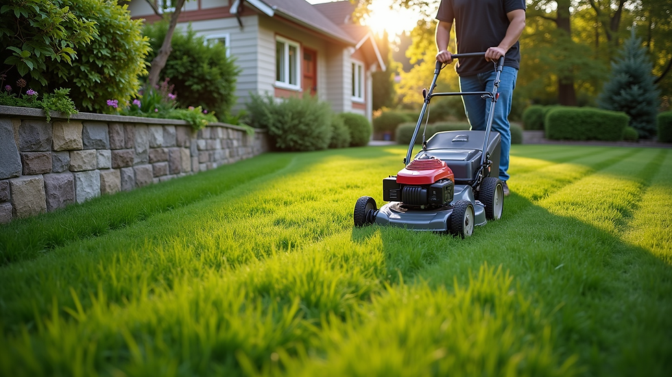 High angle view of a lawn care professional mowing a residential yard